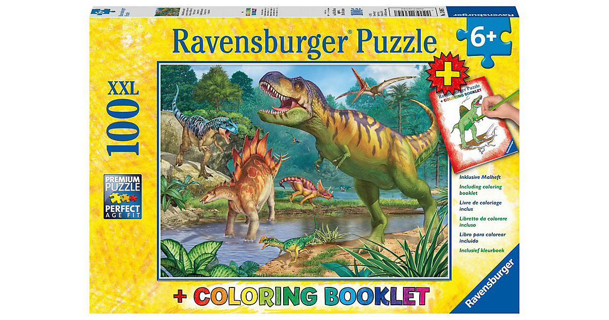 2-tlg. Puzzle & Malbuch Set, 100 Teile XXL, 49x36 cm, Welt der Dinosaurier