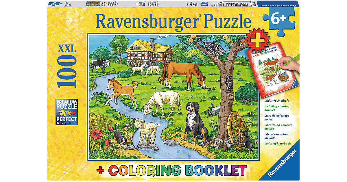 2-tlg. Puzzle & Malbuch Set, 100 Teile XXL, 49x36 cm, Liebste Bauernhoftiere