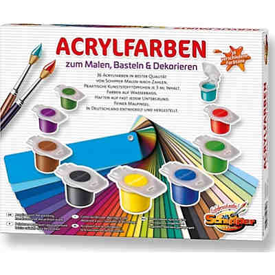 Set Acrylfarben, 36 x 3 ml + Pinsel + Farbmischtöpchen