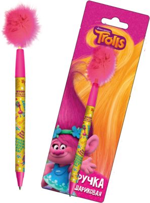 Ручка синяя шариковая с перьями, Trolls