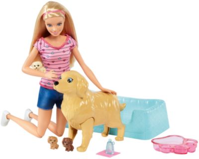 Barbie Puppe (blond) mit Hundemama und Welpen, Anziehpuppe