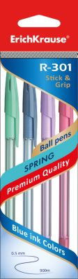 Erich Krause Ручка шариковая R-301 SPRING 0,7мм чернила синие Stick&Grip в наборе из 4 штук (пакет)