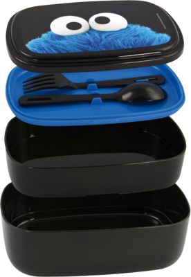 Brotdose/Lunchbox Sesamstra�e Kr�melmonster, inkl. Besteck schwarz/blau