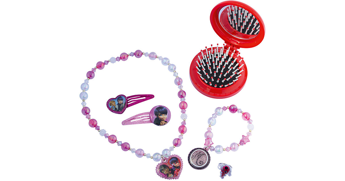 Miraculous Schmuckset mit 2 Glitzer-Haarspangen, Perlenkette, Perlenarmand, Ring und Pop Up Bürste mit Spiegel auf Blisterkarte 20x22 cm