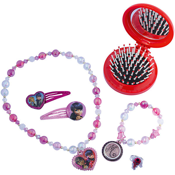 Miraculous Schmuckset mit 2 Glitzer-Haarspangen, Perlenkette, Perlenarmand, Ring und Pop Up Bürste mit Spiegel auf Blisterkarte 20x3x27 cm