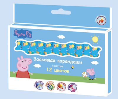 Восковые карандаши: толстые, 12 цветов, "Свинка Пеппа"