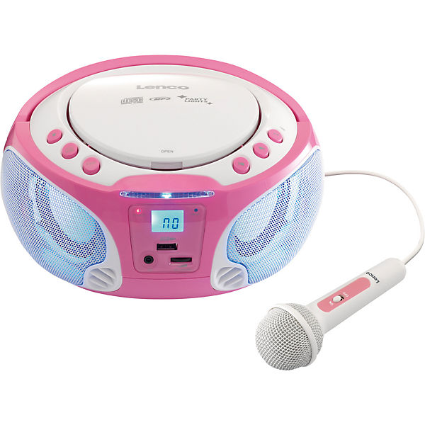 SCD-650PK - CD-/MP3-Player mit FM-Radio, USB-Anschluss, Karaoke-Mikrofon und Party-Lights, pink