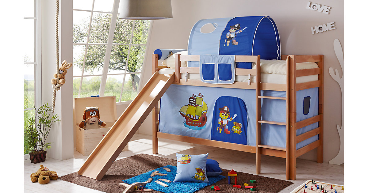 Spielbett Lupo, Buche massiv, natur lackiert, Pirat, hellblau-dunkelblau, 90 x 200 cm Spielbett Lupo, Buche massiv, natur lackiert, Pirat, hellblau-dunkelblau, 90 x 200 cm