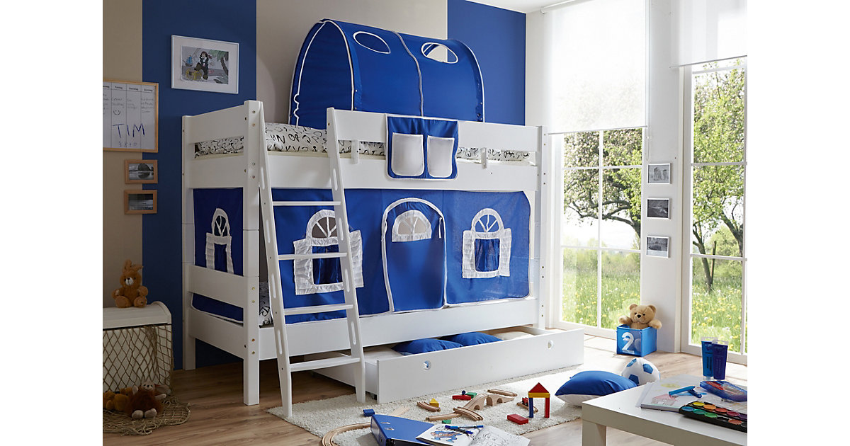 TICAA · Etagenbett KENNY G Schrägleiter, Buche massiv, weiß lackiert, blau-weiß, 90 x 200 cm TICAA · Etagenbett KENNY G Schrägleiter, Buche massiv, weiß lackiert, blau-weiß, 90 x 200 cm
