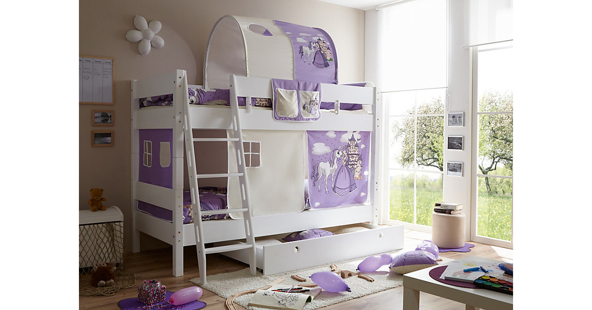 TICAA · Etagenbett KENNY G Schrägleiter, Buche massiv, weiß lackiert, Horse lila, 90 x 200 cm TICAA · Etagenbett KENNY G Schrägleiter, Buche massiv, weiß lackiert, Horse lila, 90 x 200 cm