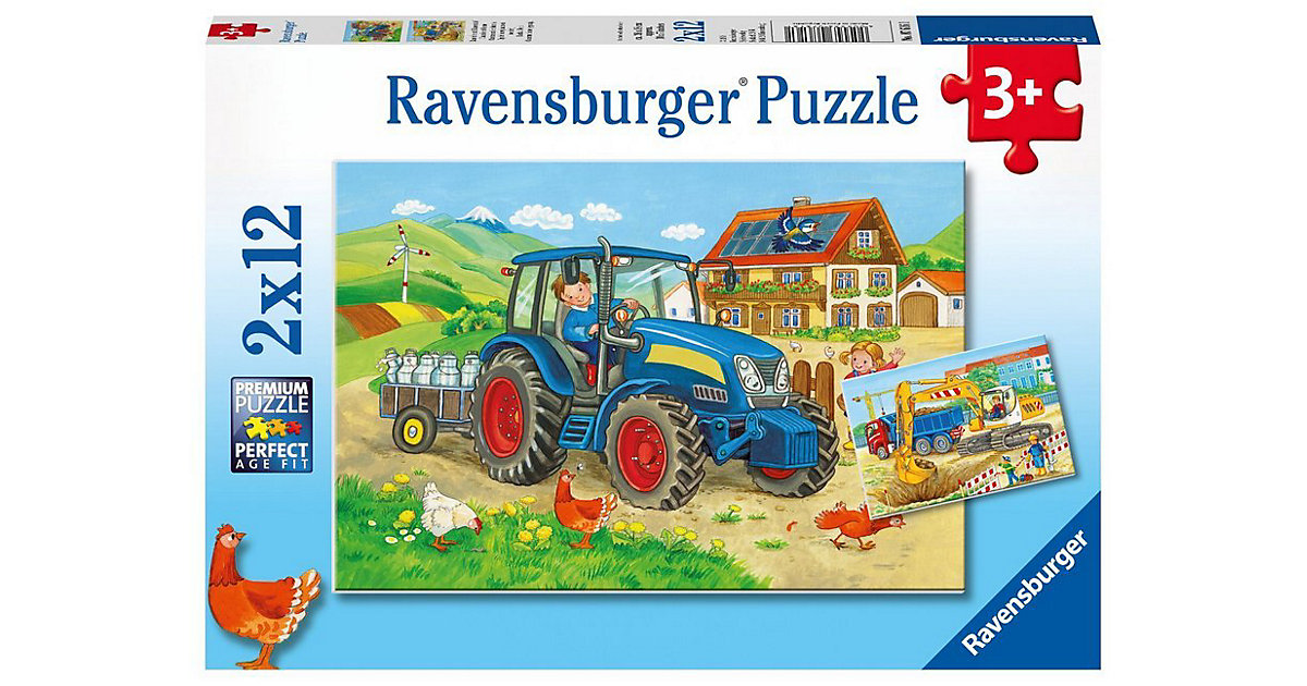 2er Set Puzzle, je 12 Teile, 26x18 cm, Baustelle und Bauernhof