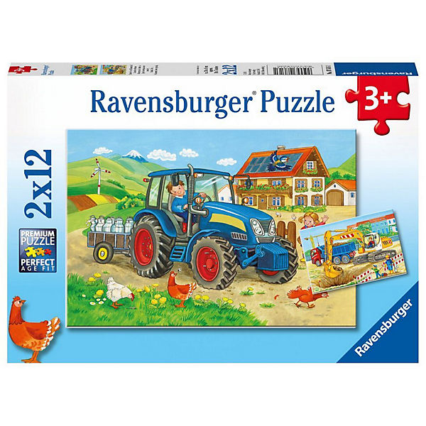 2er Set Puzzle, je 12 Teile, 26x18 cm, Baustelle und Bauernhof