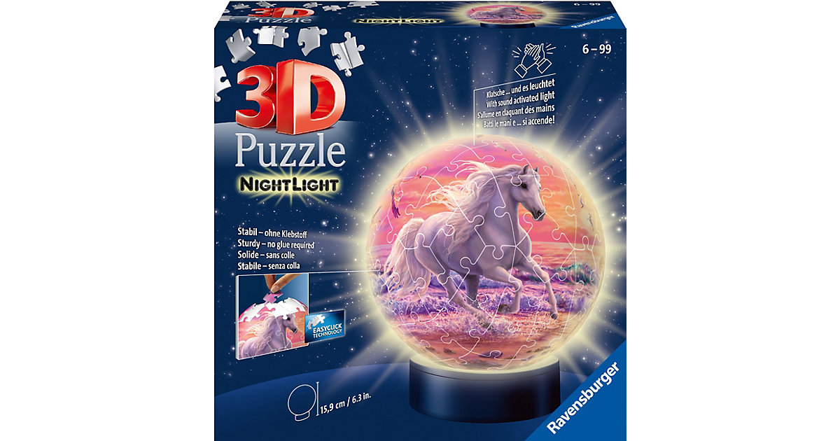 2in1 Nachtlich & puzzleball® Ø13 cm, 72 Teile , Pferde am Strand