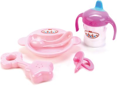 Набор для пупса Карапуз "Погремушка, поильник, тарелка, ложка и соска"