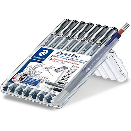 Набор капиллярных ручек Pigment liner, 7 шт.: (0,05/0,2/0,4/0,6/0,8/1,2/0,3-2,0 мм), цвет черный + механический карандаш, Staedtler от Staedtler