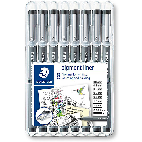 Набор капиллярных ручек Pigment liner, 8 шт.: (0,05/0,5/0,1/0,3/0,7/1,0/1,2/2,0 мм), цвет черный, Staedtler от Staedtler