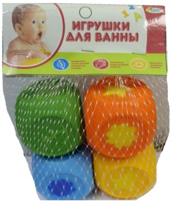 Набор из 4-х игрушек для ванной " Кубы "  в сетке .