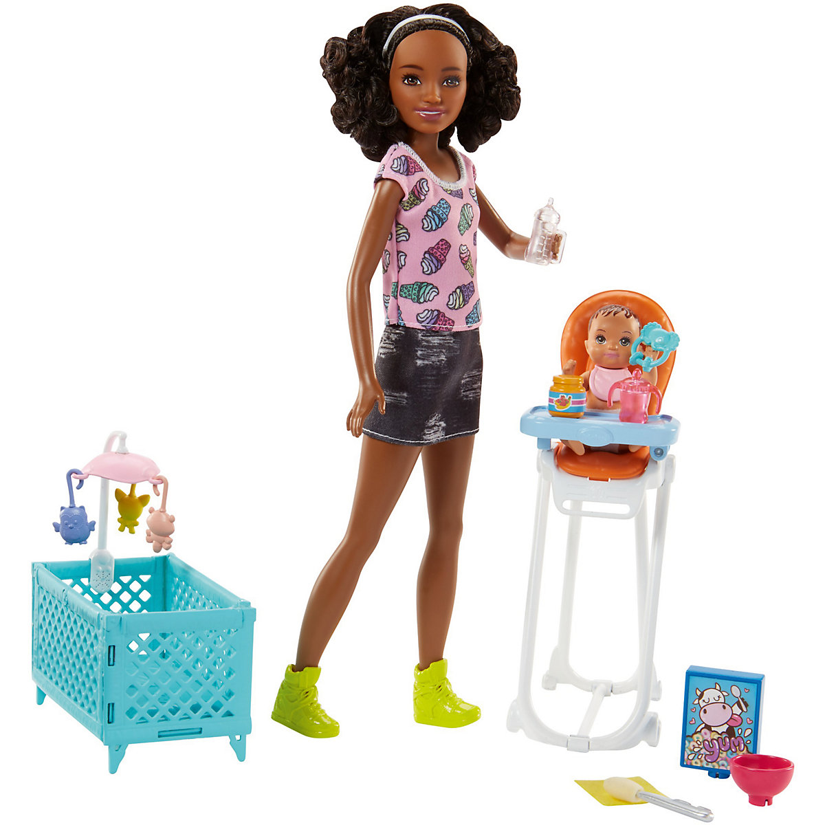 Barbie Skipper Babysitters Puppe (schwarze Haare) Spielset mit Baby-Puppe & Hochstuhl