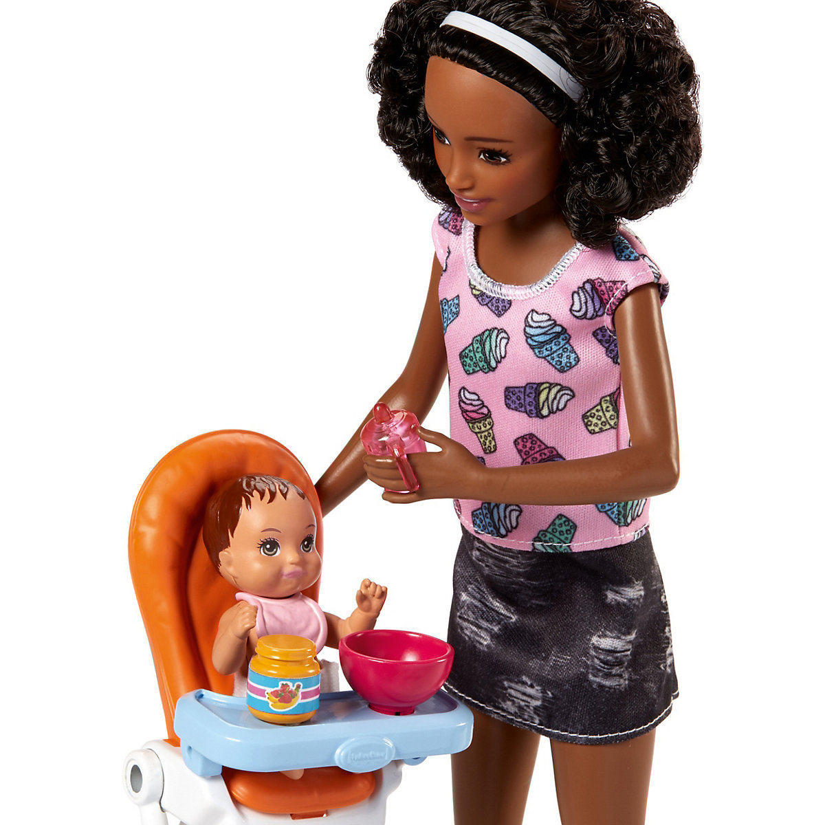 Barbie Skipper Babysitters Puppe (schwarze Haare) Spielset mit Baby-Puppe &amp; Hochstuhl