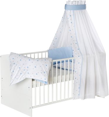 Babybett Klup mit 10-tlg Komplett-Set Bettwäsche Matratze Nestchen Weiß Grau 