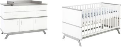 Sparset Vicky, 2-tlg. (Kombi-Kinderbett 70 x 140 cm, Umbauseiten und Wickelkommode), wei lackiert, Texwood grau wei/grau