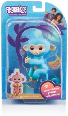 Интерактивная обезьянка Fingerlings  Чарли, 12 см (голубая с зеленым) WowWee