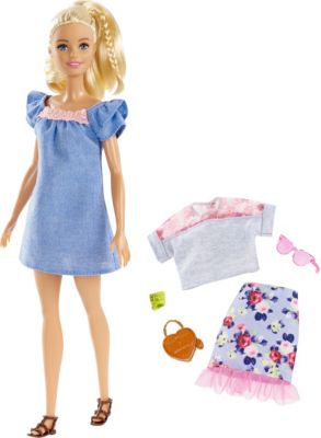 Barbie Fashionistas Puppe + Mode Geschenkset im blauen Kleid mit rosa Spitze