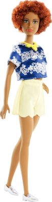 Barbie Fashionistas Puppe + Mode Geschenkset im blauen Oberteil mit Blumenmuster mit gelber Kette