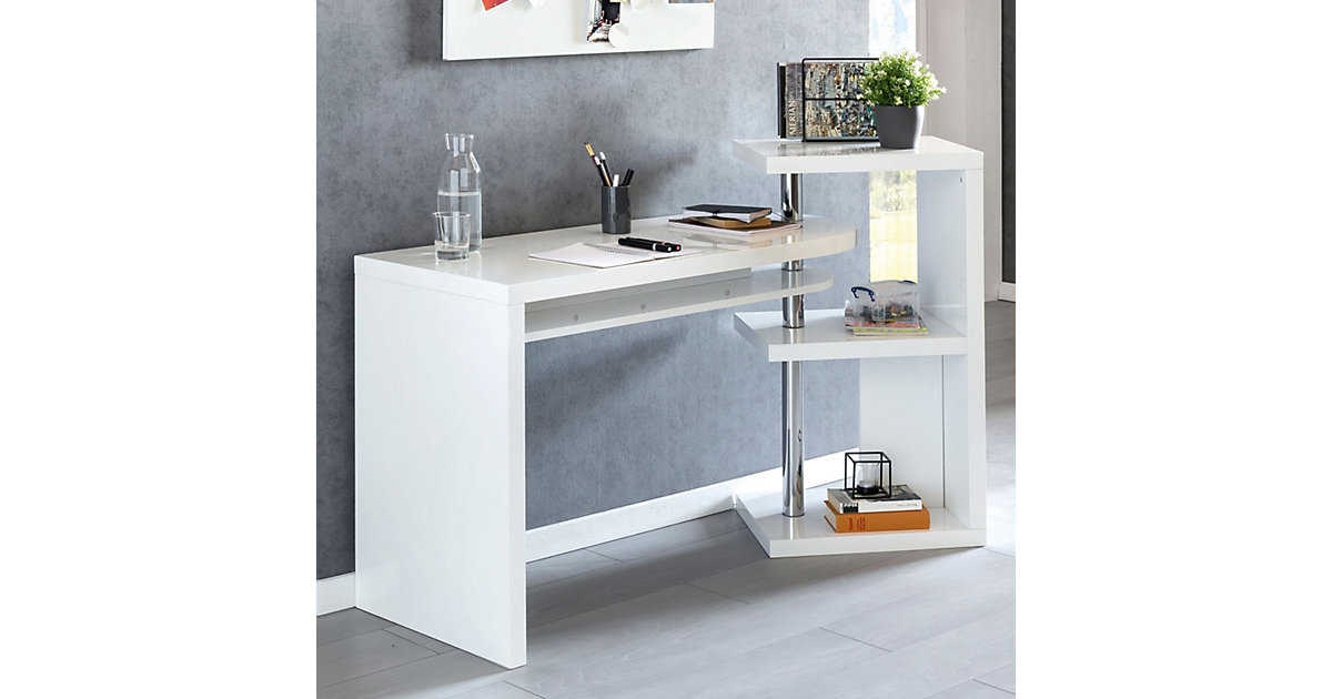 Chrom & Hochglanz Schreibtisch mit Regal 145x50x94 cm weiß