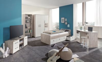 Komplett Jugendzimmer Bente 5-tlg. (Kleiderschrank 4-türig, Standregal mit 5 Fächern, Schreibtisch, Lowboard und Jugendbett), weiß/Eiche Sand