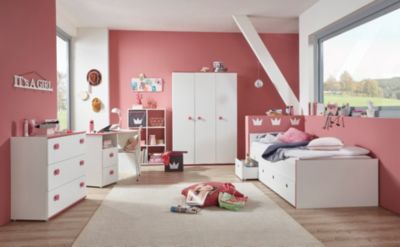 Komplett Jugendzimmer Mia 5-tlg. (Kleiderschrank 3-türig, Kommode, Standregal mit 6 Fächern, Schreibtisch und Jugendbett), weiß mit Kante pinkfarbig