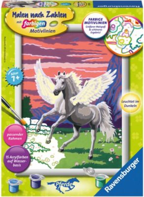 Malen nach Zahlen, 18x24 cm, mit farbigen Motivlinien & Leuchtfarbe, Traumhafter Pegasus