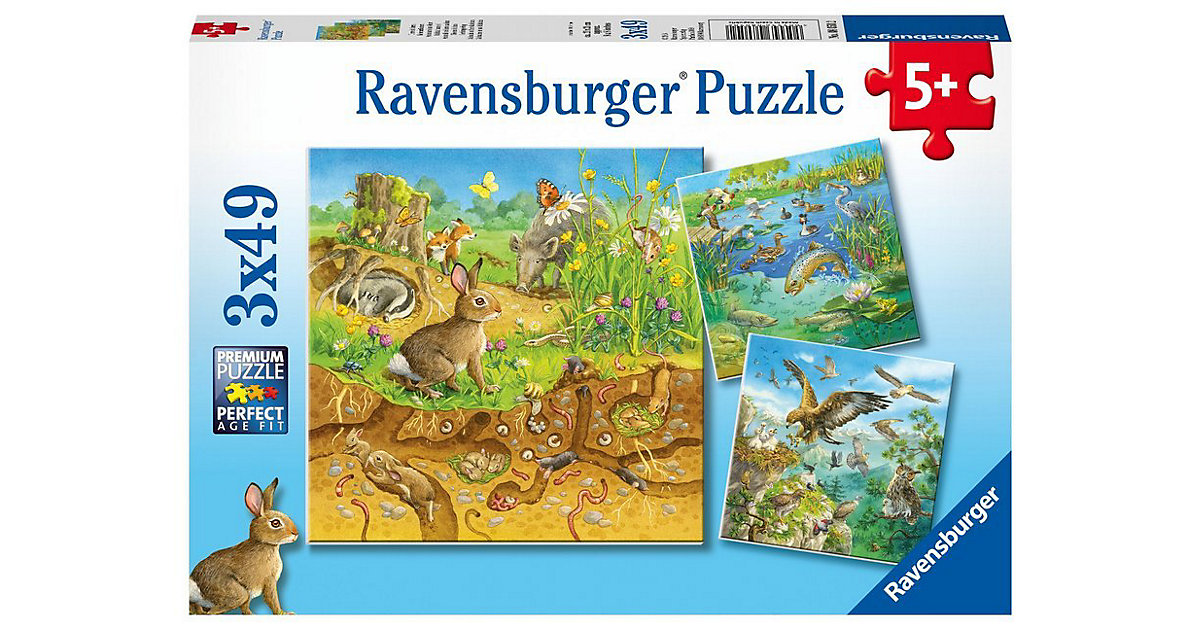 3er Set Puzzle, je 49 Teile, 21x21 cm, Tiere in ihren Lebensräumen
