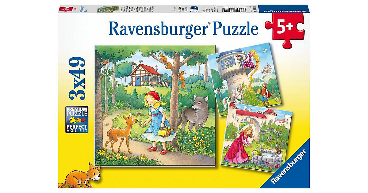 3er Set Puzzle, je 49 Teile, 21x21 cm, Rapunzel, Rotkäpchen & Froschkönig